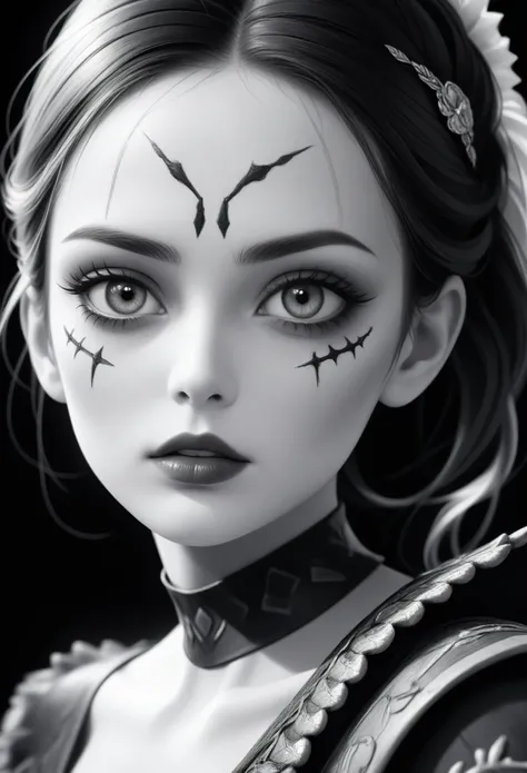 (best quality,highres,ultra-detailed,realistic:1.37),black and white war paint,detailed face,beautiful detailed eyes,beautiful detailed lips,longeyelashes,expressive facial features,smooth skin texture,defined cheekbones,natural eyebrows,subtle wrinkle tex...