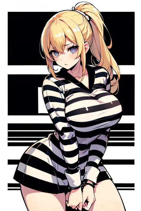 Long blonde hair, handcuffed, arrested, mature female, milf, big breasts ,40 years old, pon prison uniform, prisoner, black and white stripe prison uniform, waifu material, mature, ponytail, oneesan