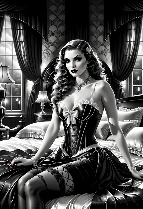 fantasy art deco (art deco: 1.5) A (black and white: 1.5) glamours (vampire: 1.5) model shot, RAW, award winning, of an exquisite beautiful 1solo female vampire, ultra feminine, full body, busty woman, most beautiful face, long hair, wavy hair, pale skin, ...