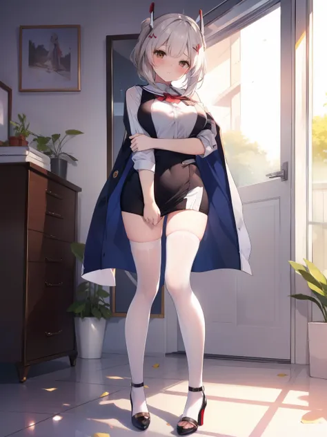 highest quality, flying debris、azur lane ayanami、beautiful woman、officeレディー、black hair、(brown eyes、big breasts)、short hair、チェック柄...