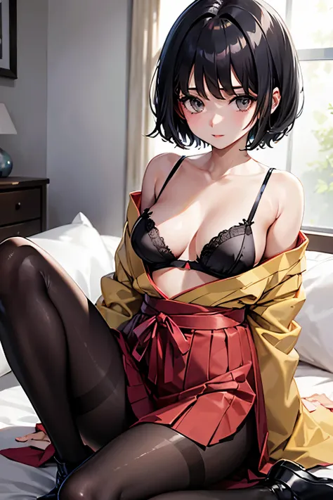 Erica、Pokémon、Black Hair、Short Hair、((pantyhose))、Photo from below、Medium chest、Bedroom、((Hakama))、One girl、boots、Red ribbon on head、((Black Bra))、(Leg spread)