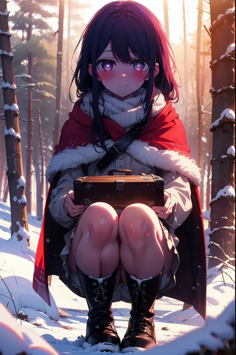 aihoshino, Ai Hoshino, Long Hair, bangs, (Purple eyes:1.1), Purple Hair, (Symbol-shaped pupil:1.5), smile,,smile,blush,White Breath,
Open your mouth,snow,Ground bonfire, Outdoor, boots, snowing, From the side, wood, suitcase, Cape, Blurred, , forest, White...