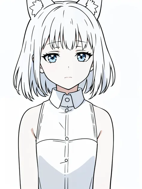 (1girl,8 years old,small),solo,white hair,short hair,fox ears,white shirt,sleeveless,(white background,line drawing),separated lips,sad,portrait