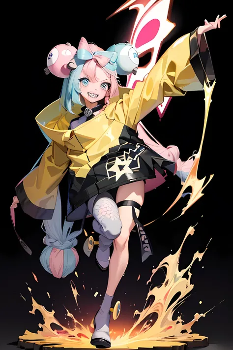 Highest quality、masterpiece、Anime Style、Pink hair and blue eyes、Yellow Jacket、Right hand up, left hand down、Stand on your right leg and raise your left leg。Sharp teeth、smile、Transparent Background