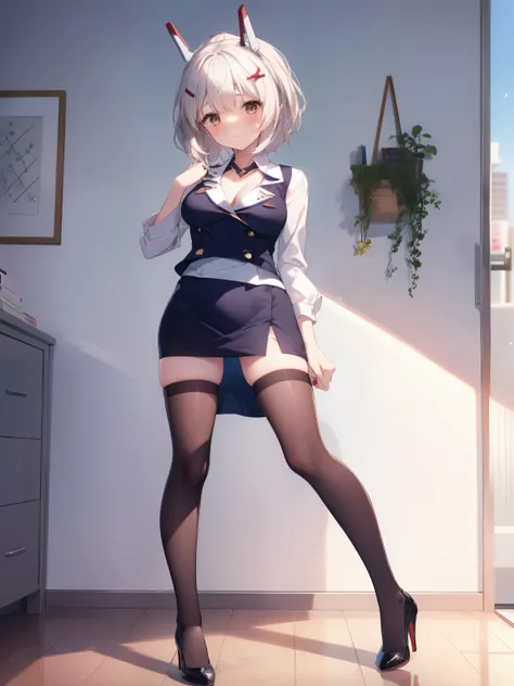 highest quality, Flying debris、Azur Lane Ayanami、Beautiful woman、officeレディー、Black Hair、(Brown eyes、Big Breasts)、short hair、チェック柄のダークブルーのofficeスーツ)、new employee,Full Body Shot、Female office lady、break(Dark blue checked vest、White dress shirt、Navy blue mini ...