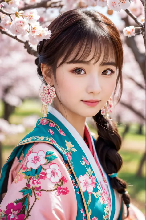 (best quality,highres,ultra-detailed:1.2), vivid colors, portraits, group of Chinese women, traditional clothing, delicate facial features, intricate hairstyles, elegant poses, beautiful detailed eyes, cherry blossom background