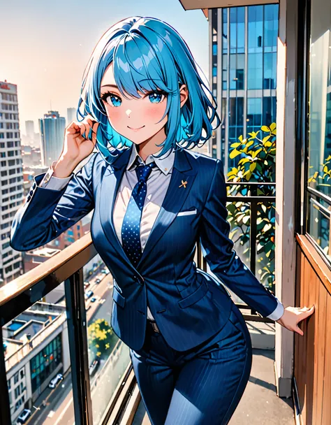 best quality, masterpiece, 1lady, incredibly absurdres, extremely detailed, delicate texture, 1girl, solo, solo focus, intelligent beauty, medium hair, medium hair, (armpit-length hair, blue hair), aquamarine eyes, hair over one eye, wearing blue suit and ...