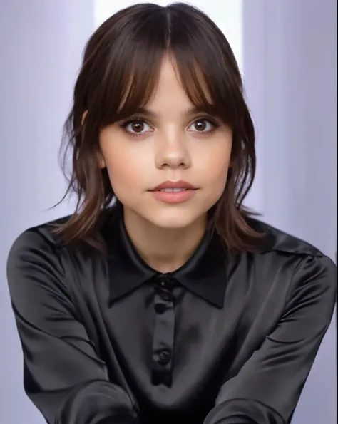 arafed woman in black shirt poses for a photo, ihr gesicht sieht aus wie eine orchidee, short brown hair and big eyes, sehr albe...