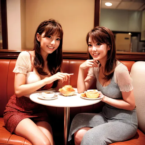 Close-up、Identical twin sisters、A moment in a retro cafe A scene of twins enjoying tea in an old-fashioned cafe。Enjoy an elegant moment in a relaxing atmosphere with retro interior design。