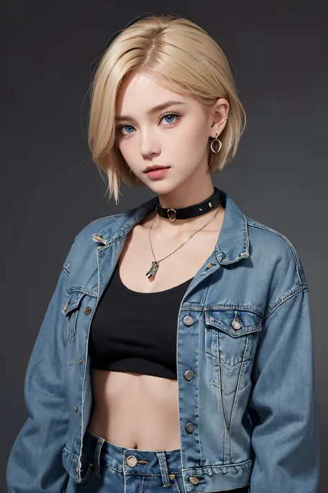 Create an anime-style illustration of a young woman with short blonde hair and piercing blue eyes. She should have a confident and strong expression. She is wearing a cropped denim jacket over a black crop top. She has a black choker with a pendant and mat...