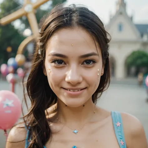 Smiling face on a five-pointed star, theme park, holding balloons, be happy, be happy, perfect quality, Clear focus (messy - home: 0.8), (Masterpiece: 1.2) (realistic: 1.2) (Bokeh) (best quality) (Fine skin: 1.3) (complicated details) (8ก) (Detailed eyes) ...