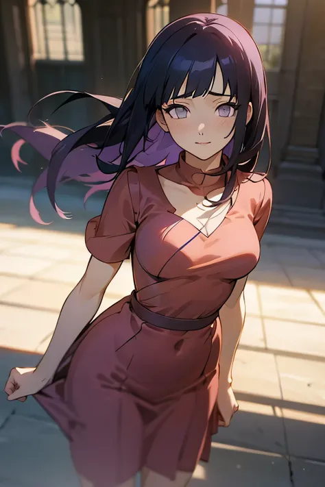 anime girl in a red bridesmaid dress standing in front of a building, hinata hyuga, hinata hyuga from naruto, purple haired girl...