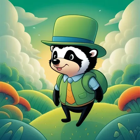 adtime, funny anthropomorphe badger with hat , high quality, 1 boy, green hiils, clouds Looks Like a badger