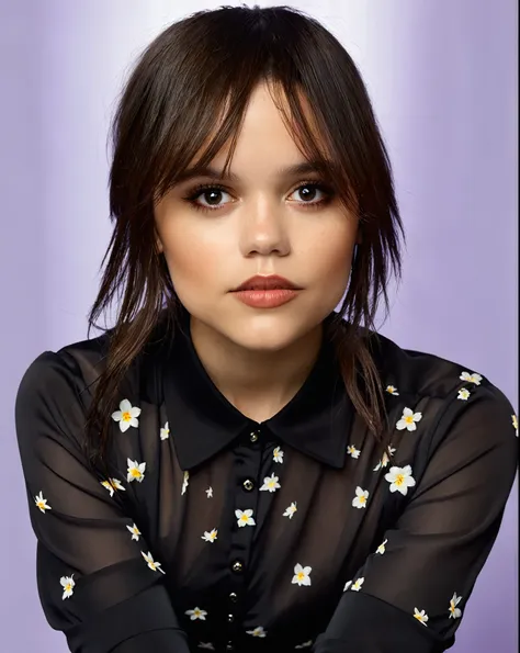 arafed woman in black shirt poses for a photo, ihr gesicht sieht aus wie eine orchidee, short brown hair and big eyes, sehr albe...