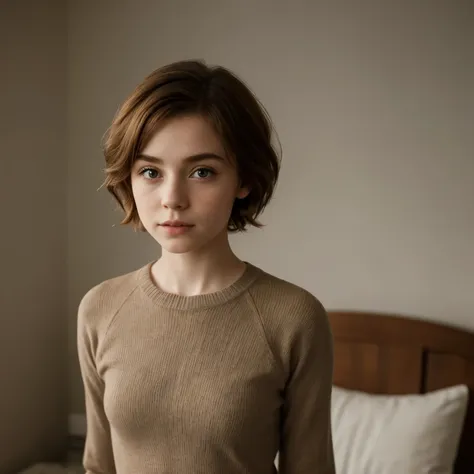 Thin little brunette Irish woman, Sophia Lillis, tight sweater , soft lighting, small breasts, , portrait pose 