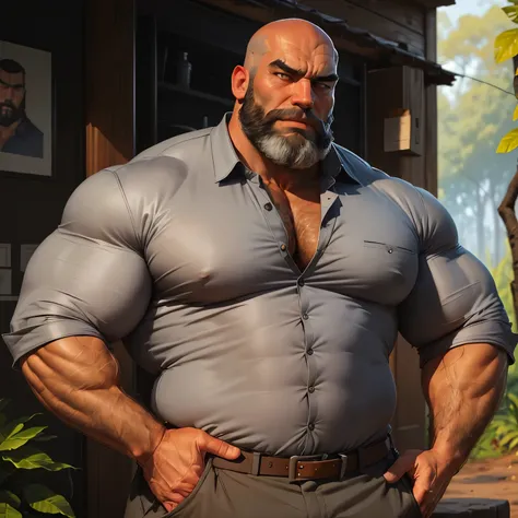 an exaggeratedly muscular and large bodyguard, grizzly old man, (bald: 1.2), beard, tan skin, (scars on face: 1.1), (suspicious expression: 1.1), (wearing grey collared shirt: 1.2), pants with belt, (crotch bulge: 1.2), (bara pecs: 1.3), (hairy chest and f...