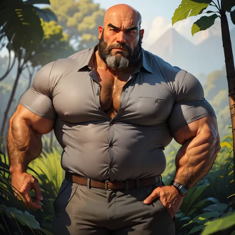 an exaggeratedly muscular and large bodyguard, grizzly old man, (bald: 1.2), beard, tan skin, (scars on face: 1.1), (suspicious expression: 1.1), (wearing grey collared shirt: 1.2), pants with belt, (crotch bulge: 1.2), (bara pecs: 1.3), (hairy chest and f...