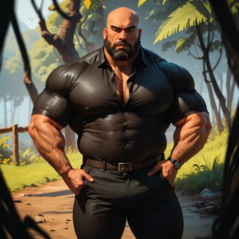 an exaggeratedly muscular and large bodyguard, grizzly old man, (bald: 1.2), beard, tan skin, (scars on face: 1.1), (suspicious expression: 1.1), (wearing black collared shirt: 1.2), pants with belt, (crotch bulge: 1.2), (bara pecs: 1.3), (hairy chest and ...