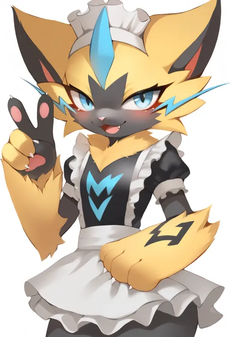 female, zeraora, furry, fluffy), cat nose, fluffy body, maid, peace sign