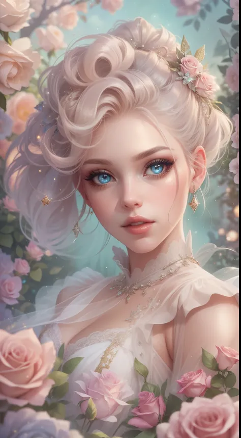 Create a realistic fantasy scene featuring a proud woman in an enchanted pastel garden. She wears a French silk ballgown adorned with ruffles and bows. Her face, highly detailed with soft lips, shines with intricate features and stunning eyes. Surround her...