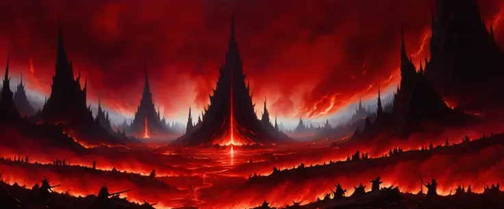 Landscape painting,((purgatory)),Blood red sky,The land of flaming fire,(Full of bones,Plasma,Weapons place:1.2),reference《Divine》Description of Hell,「This leads directly to the miserable city，From here I lead directly to endless suffering，This leads direc...