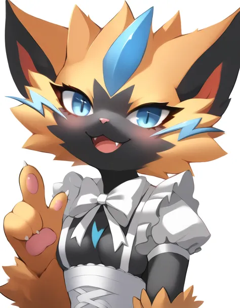 female, zeraora, furry, fluffy), cat nose, fluffy body, maid, peace sign