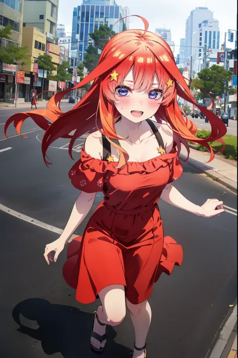 itsukinakano, Itsuki Nakano, bangs, blue eyes, Hair between the eyes, Ahoge, Redhead, star (symbol), hair ornaments, star hair ornaments,star型ペンダント,happy smile, smile, Open your mouth,Off-the-shoulder red dress,Exposing shoulders,Spring clavicle,Bare neck,...