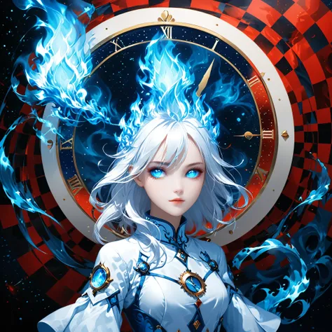 (red and white checkered background), checkered background,surrealist style,(depicting (((blue fire))) Elemental concept designed:1.2),(full_shot:1.2),space warp background,(clock_background:1.3),
BREAK
negative space composition,character design by liu ye...