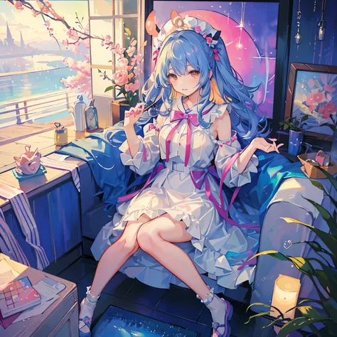 Yumekawa 、Cute as a dream、With paddle、Haze、(masterpiece、highest quality、highest quality、Watercolor(curly)、cute犬を連れて、Official Art、Beautiful and aesthetic:1.2)、(Beautiful girl:1.3)、pattern、(Rainbow Hair、colorfulな髪:1.2)、Soap bubble、Rainbow behind、cloud、colorf...