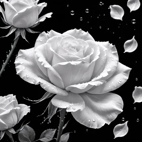 ((Selective color)), ((monochrome)), Drawing of Delicate White Rose Petals floating by the winds, smooth lines, fine art piece, water splashes, Express expressions and postures through ink contrast, emphasize light, shadow and space. figurative art, (best ...