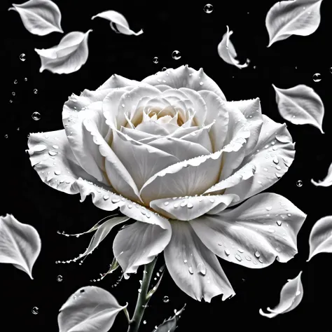 ((selective color)), ((monochrome)), drawing of delicate white rose petals floating by the winds, smooth lines, fine art piece, ...