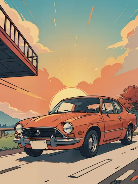 Animated drawing of a radiant sun setting on the horizon, with a vibrant red car driving towards it, leaving a trail of vividly colored leaves and plants in its wake. This enchanting scene is beautifully rendered in a playful and dynamic anime style, with ...