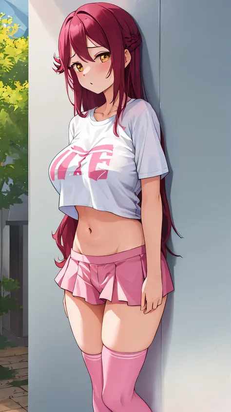 (masterpiece), best quality, perfect face, sakurauchi riko, big breasts,white t-shirt, navel, pink shorts,thighhighs, standing leaning on wall,long hair ,nsfw style 