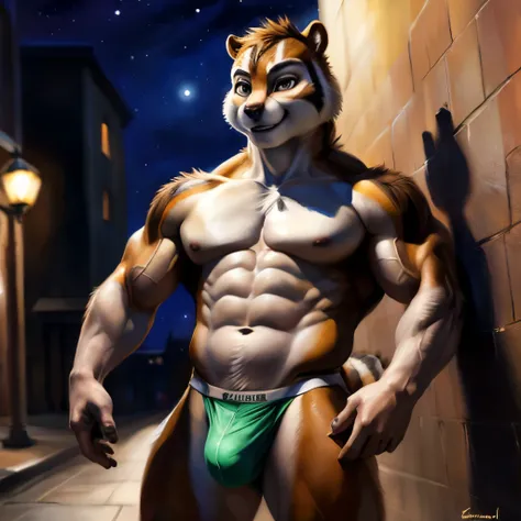 ((((Chipmunk)))), smug seductive face, bodybuilder, muscular male, muscular, detailed muscles, detailed fur, bright fur, bright body, night, bulge, detailed face, high detailed, high resolution, underwear, high quality, detailed eyes, detailed background, ...