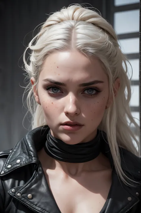 linda com longos cabelos brancos,olhos azuis como safiras, semelhanate a yennefer do jogo the witcher, she wears a black leather...