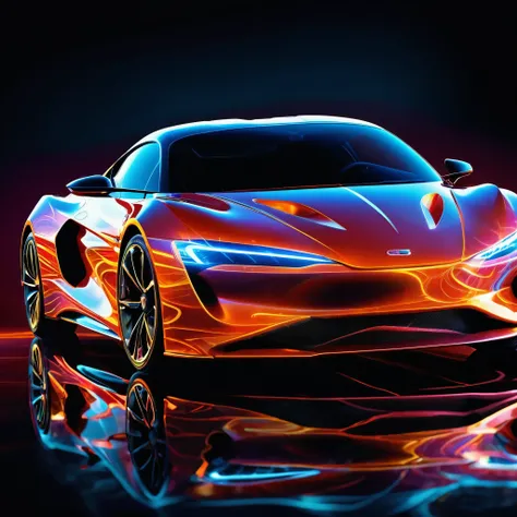 Glowing energy forms the shapes of a futuristic sports car, forming intricate patterns that seem to ripple and shift with the passage of time.