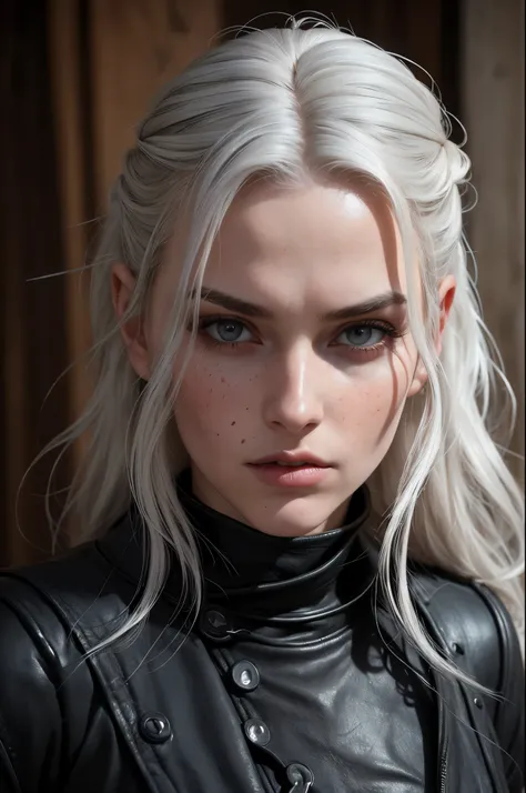 linda com longos cabelos brancos,olhos azuis como safiras, semelhanate a yennefer do jogo the witcher, she wears a black leather...