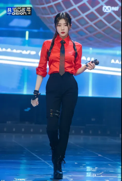 Araffe girl in red shirt and black pants holding a microphone, jia, sun yunjoo, cai xukun, Korean idol, xianxia de cuerpo completo, kda, sha xi, camisa negra con tirantes rojos, vistiendo un traje negro y rojo, por Mi Fu, traje rojo y negro, aparcar desde-...