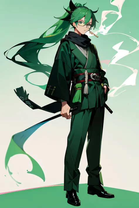 1boy, green hair, green and blue odd eyes, long hair, ponytail, samurai, scarf, glasses, holding a cigarette, are standing, full body