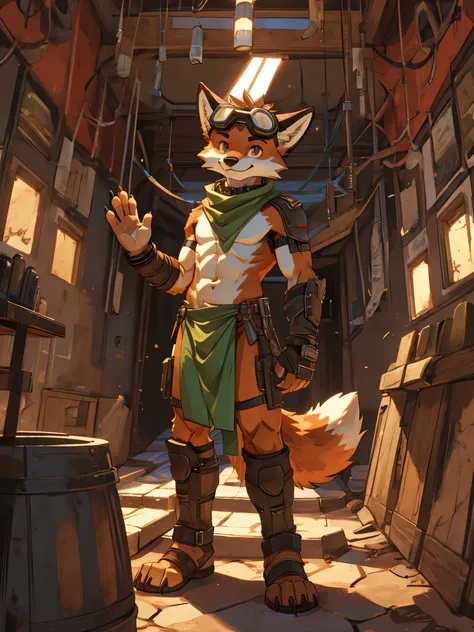 teen furry, solo, furry, teenager, red fox, spiked brown hair only on head, collar, brown eyes, goggles, green loincloth, green ...