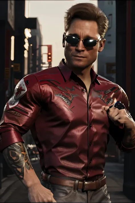 (johnny cage), cocky smirk, sunglasses, fists, mortal kombat, character design, dynamic lighting, cool and bright colors, (red a...