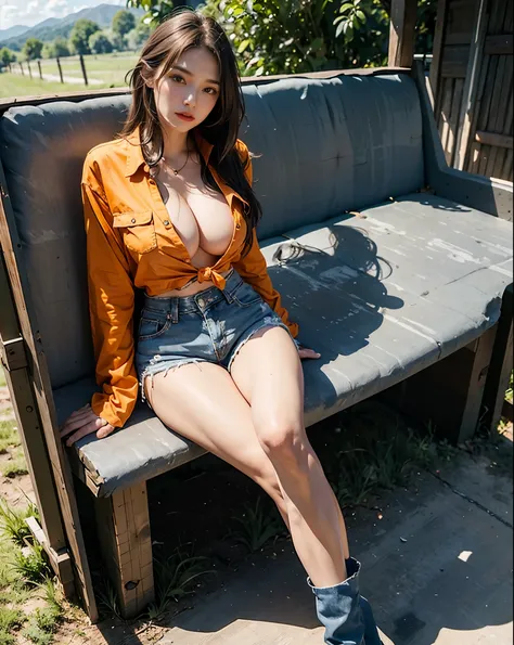 8k, Ultra high resolution, hyper realistic, SOLO, Woman tall body set big breasts, cleavage, tall body, full body shot, wearing a sexy orange button down cotton shirt tied at the bottom, denim shorts,  cowgirl boots, outside, at a farm