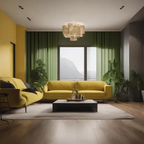 Design a modern living room interior with the following specifications: * Walls: Thin yellow wallpaper * Decorations: A sea-themed poster * Plants: A few leafy plants * Curtains: Green * Lighting: A stand lamp with a wide shade * Camera angle: Wide shot * ...