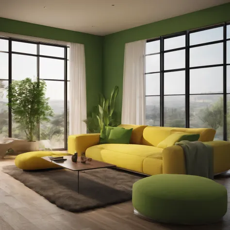 Design a modern living room interior with the following specifications: * Walls: Thin yellow wallpaper * Decorations: A sea-themed poster * Plants: A few leafy plants * Curtains: Green * Lighting: A stand lamp with a wide shade * Camera angle: Wide shot * ...