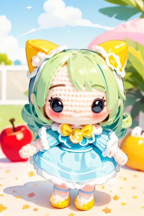 Photorealistic、Chibi Girl Doll（Apple-themed clothing、Have a magic wand、smile、Vibrant colors）