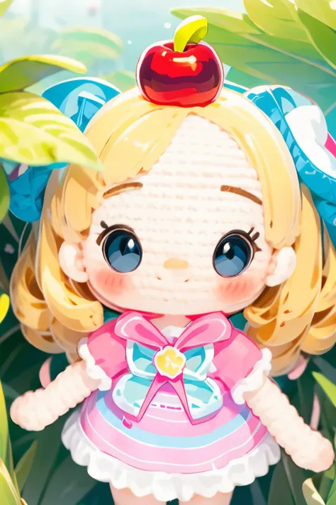 photorealistic、chibi girl doll（apple-themed clothing、have a magic wand、smile、vibrant colors）