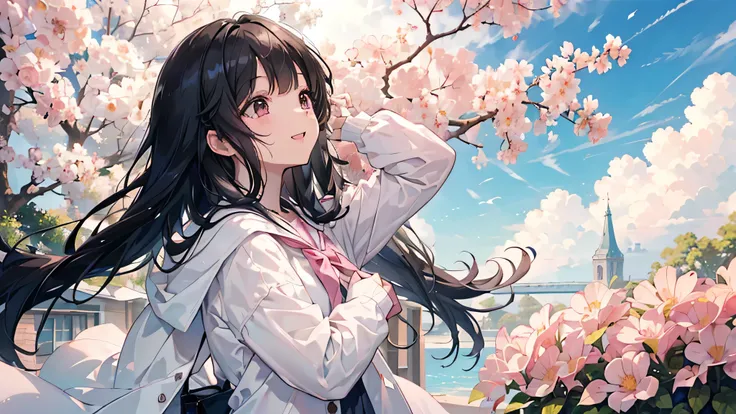 ((high school girl)), (Highest quality、masterpiece、Super fine、Super fine、Exquisite、16k、Full HD) 、((profile,Look Up)), ((Big Move,happy,fun)) 、Black Hair,Soft sunlight、((Clear skies)) 、smile、(Full of energy)Black Eyes、Long eyelashes、White skin、Pale pink lip...