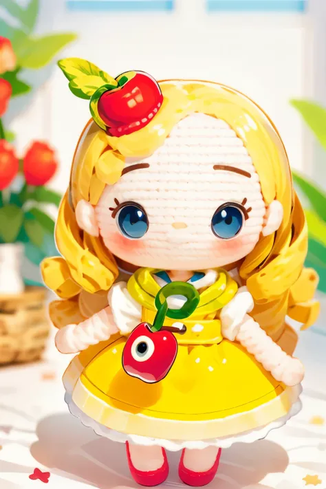 photorealistic、chibi girl doll（apple-themed clothing、have a magic wand、smile、vibrant colors）