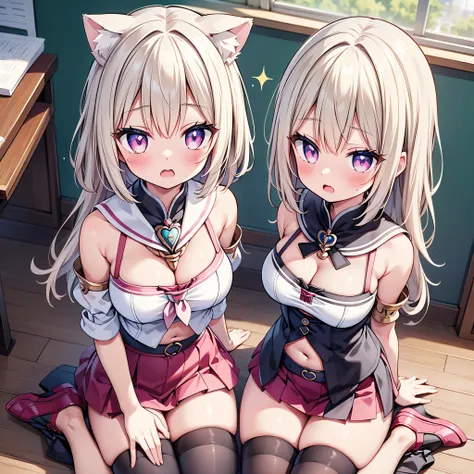 (cute eyes:1.2), (sparkling eyes:1.2), (8K、Best image quality、highest quality、masterpiece)、Detailed face、(2 girls)、Improve、(white hair, pink eyes, short hair, straight hair, nekomimi), (open mouth), (embarrassed), (skinny body:1.3),(midium breasts), (wariz...