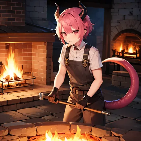 one male femboy with black dragon horns and a pink tail in with red eye and pink hair in a forge using a hammer on an anvil